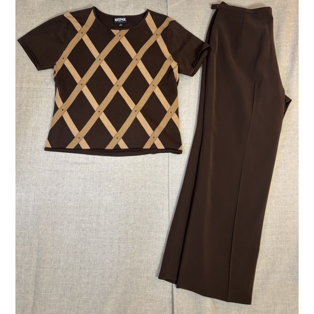 Kasper Vintage 2-Piece Set Women's 14P Brown Tan Argyle Top Pants Careerwear